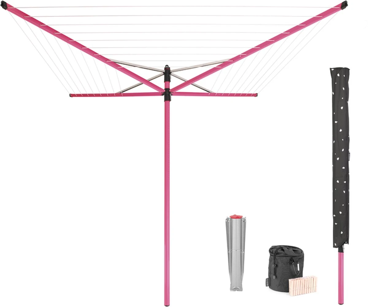 Brabantia Lift-O-Matic Droogmolen Met Metalen Grondanker, Beschermhoes, Wasknijpertasje En Wasknijpers - 50 M - Spring Pink 3 Brabantia Lift-O-Matic Droogmolen Met Metalen Grondanker, Beschermhoes, Wasknijpertasje En Wasknijpers - 50 M - Spring Pink
