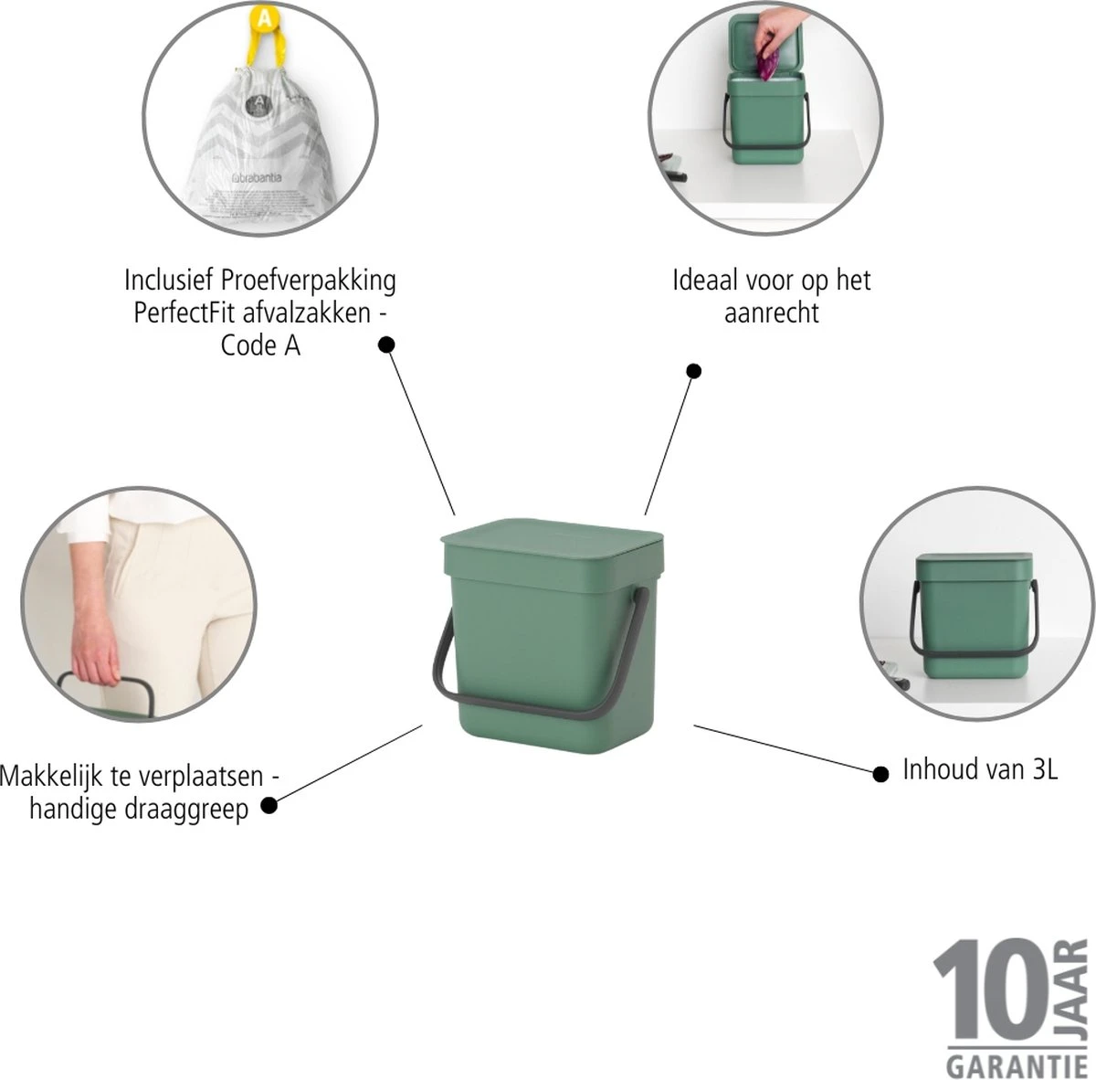 Brabantia Sort & Go Aanrecht Afvalbakje - 3 L - Fir Green 4 Brabantia Sort & Go Aanrecht Afvalbakje - 3 L - Fir Green - Afbeelding 2